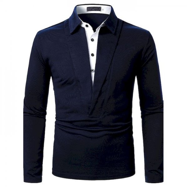 Men's Golf Shirt non-printing Color Block 2 in 1 Patchwork Long Sleeve Casual Tops Simple Casual Fashion Classic Navy Blue