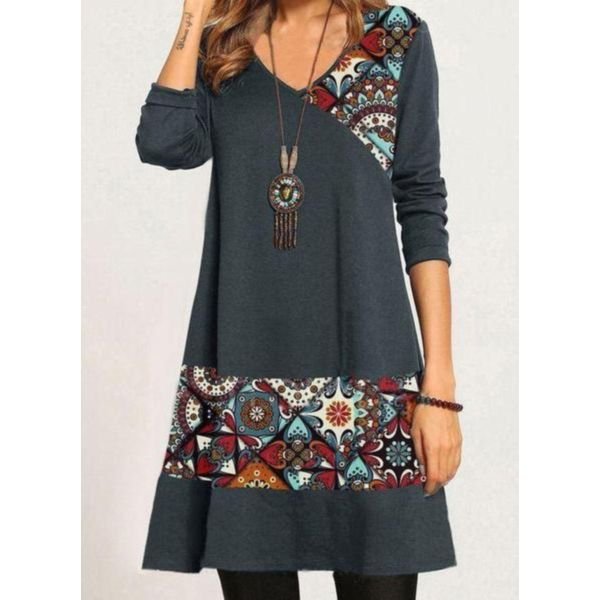 Casual Print Long Sleeve Mini Dress