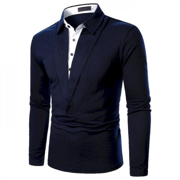 Men's Golf Shirt non-printing Color Block 2 in 1 Patchwork Long Sleeve Casual Tops Simple Casual Fashion Classic Navy Blue